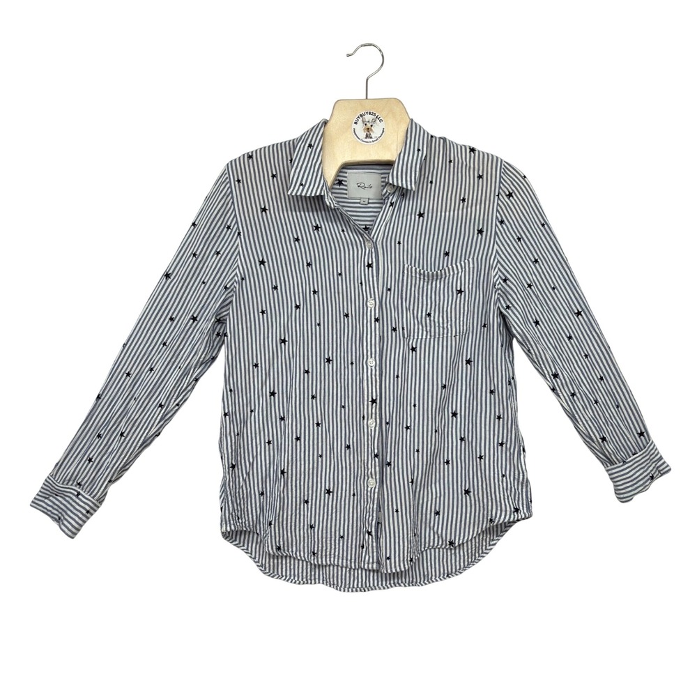 Rails Striped Button Front Shirt Flocked Navy Stars 100% Rayon Women's M